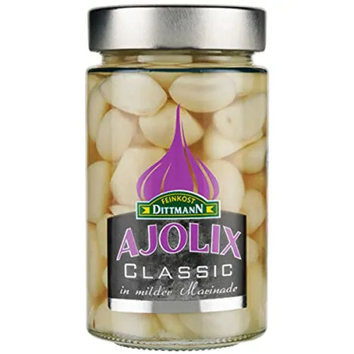 Feinkost Dittmann Ajolix Classic eingelegte Knoblauchzehen 235g - Eingelegter Knoblauch, mild im Geschmack, ideal zum Verfeinern von Suppen, Saucen und Salaten – die perfekte Beilage zu Brat- und Grillgerichten.