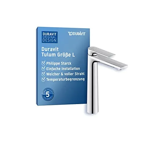 Duravit Tulum Waschtischarmatur, Größe XL (Auslauf Höhe 222 mm), Wasserhahn Bad, Waschbecken Armatur, Chrom