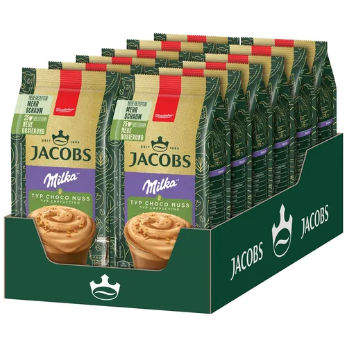 JACOBS Löskaffee Typ Cappuccino Choco Nuss 12x 400g - Instantkaffee mit köstlichem Milka-Geschmack, ideal für Schokoladenliebhaber und Cappuccino-Fans. Perfekt für eine schnelle Auszeit!
