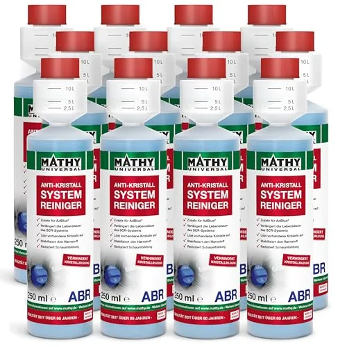 MATHY-ABR Anti Kristall Systemreiniger - 12 x 250ml - Hochkonzentrierter Reiniger für AdBlue® Tanks in Diesel-Fahrzeugen. Wirksam gegen Kristallbildung, verlängert die Lebensdauer des SCR-Systems und spart Reparaturkosten. Einfache Anwendung direkt vor der Betankung.