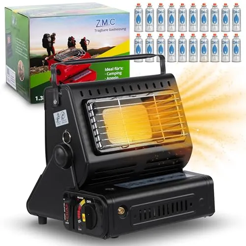 Z.M.C 2-in-1 Tragbare Keramik Gasheizung und Gaskocher 1,3 kW, mit LPG Anschluss + 20 Gaskartuschen, Campingkocher mit Piezozündung, Camping Heizung, Gasheizer für Outdoor, Zelten Terrasse, Garten