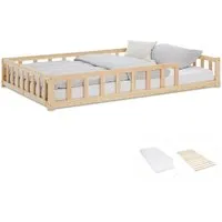Homestyle4u Kinderbett 90x200/120x200 - Weiß Natur Holzbett mit Lattenrost, Matratze & Rausfallschutz - Bodenbett für Kinder, ideal für sicheres Schlafen mit Rausfallschutz und komfortabler Matratze. Perfekt für Montessori-Erziehung.