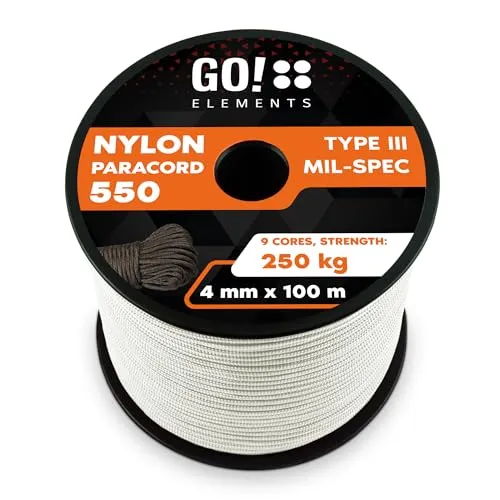 GO!elements Paracord 550 - Robuste 4mm Abspannleine, 100m - Hochwertige Paracord 550 aus reißfester Nylonschnur in Weiß, ideal für vielseitige Anwendungen und Outdoor-Aktivitäten.
