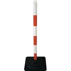 Sperrpfosten PE/PVC rot/weiß mit Kettenaufnahmen - Robuster Kunststoff-Pfosten Ø 40 mm, Höhe 860 mm, ideal für die Verkehrsregulierung. Mit 4 Kettenaufnahmen und stabilem Hartgummifuß für sicheren Stand.