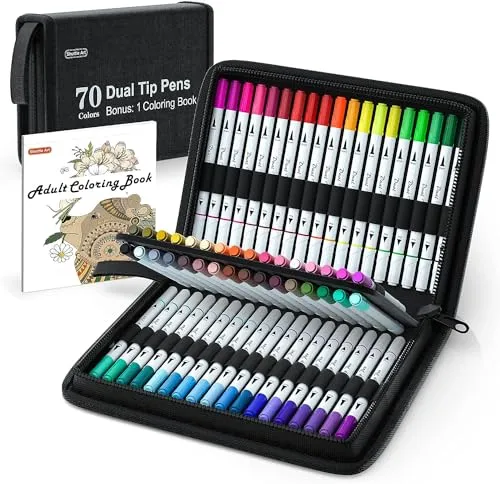 Shuttle Art Dual Brush Pens, 70 bunte doppelköpfige Pinselstifte mit weicher Spitze, zwei Schreibfedern: Fasermaler (1mm) und Fineliner(1-4mm), für Kinder und Erwachsene mit 1 Malbuch zum Schreiben