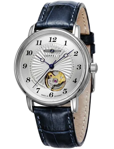 ZEPPELIN Automatikuhr Friedrichshafen Lady Open Heart 8567-1 - Chronographen, elegante Damenuhr mit offener Unruh, Made in Germany, mechanischer Antrieb und stilvolles Design in blau und silber.