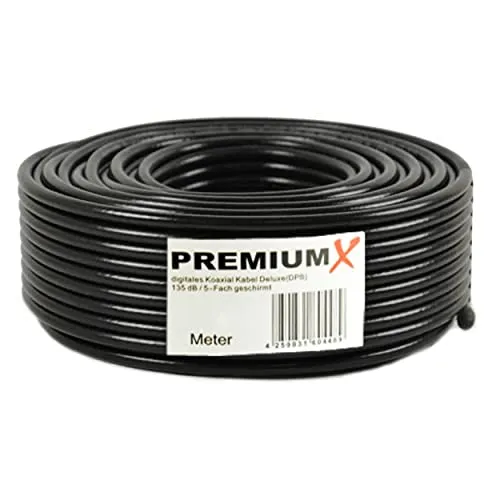 PremiumX Deluxe PRO 50m Koaxial Kabel SCHWARZ - HiFi-Kabel, 5-fach geschirmt mit reinem Kupfer für beste Signalqualität, ideal für SAT, DVB-T und UHD 4K Anwendungen.