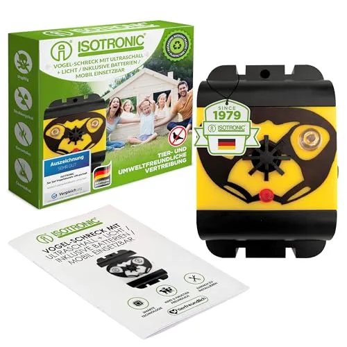 ISOTRONIC Vogelabwehr mit Ultraschall und Lichtsignalen - Vogelabwehr für Gärten und Balkone, effektiv gegen Tauben und Raben, umweltfreundlich und energiesparend mit zusätzlicher LED-Nachtfunktion.