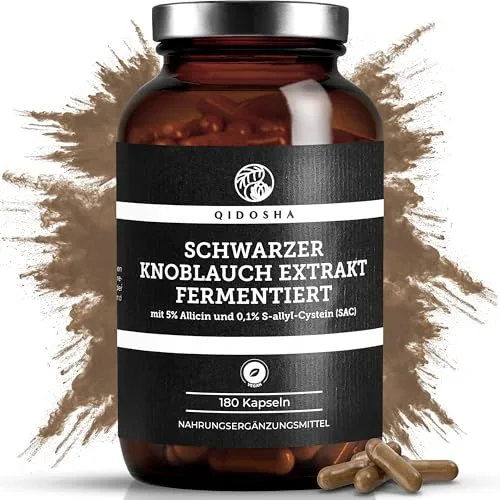 QIDOSHA® Hochdosierter Schwarzer Knoblauch Extrakt – 180 Kapseln im Apothekerglas - Hochwertiger Schwarzer Knoblauch Extrakt mit 600 mg je Kapsel. Laborgeprüft und in lichtgeschütztem Glas verpackt für optimale Qualität und Frische.