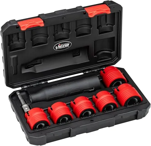 VIGOR Bolzenreiniger V6850/6 - 8-teiliges Set - Effektiver VIGOR Bolzenreiniger V6850/6 mit 8 hochwertigen Werkzeugen für die gründliche Reinigung von Rad- und Stehbolzen. Ideal für Akkuschrauber oder Bohrmaschine, sorgt für optimalen Sitz der Felge.