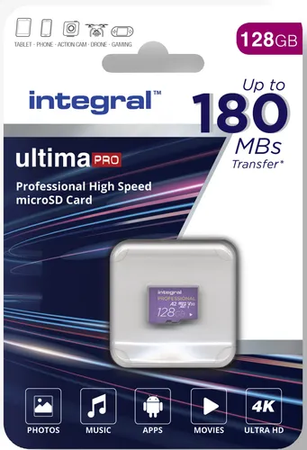 INTEGRAL Micro SDXC-Card Ultima Pro 128GB V30 - Hochgeschwindigkeits-Micro-SD-Karte mit 128GB, ideal für schnelle Datenübertragungen mit bis zu 180 MB/s. Perfekt für Kameras und Smartphones.