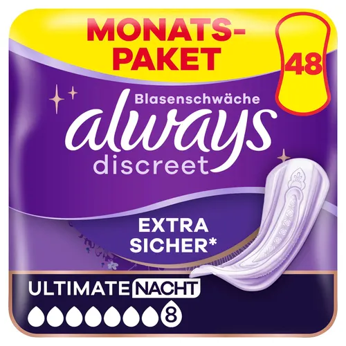 Always Discreet Inkontinenzeinlagen Plus Ultimate Nacht - 48 Binden, starker Schutz und ultra-dünner RapidDry-Kern für höchste Diskretion