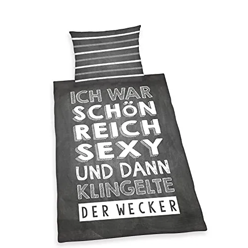 Young Collection Wendebettwäsche Sprüche Baumwoll Renforcé 2tlg. - Wendebettwäsche für Einzelbett mit lustigem Spruch und Streifen-Design, aus 100% Baumwolle für hohen Schlafkomfort und einfache Pflege.