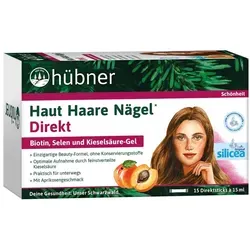 Hübner Haut Haare Nägel Direkt Aprikose Flüssig - Arzneimittel zur Unterstützung von Haut, Haaren und Nägeln mit natürlichem Aprikosen-Geschmack. Enthält Biotin und Selen für schöne, gesunde Haare und Nägel.