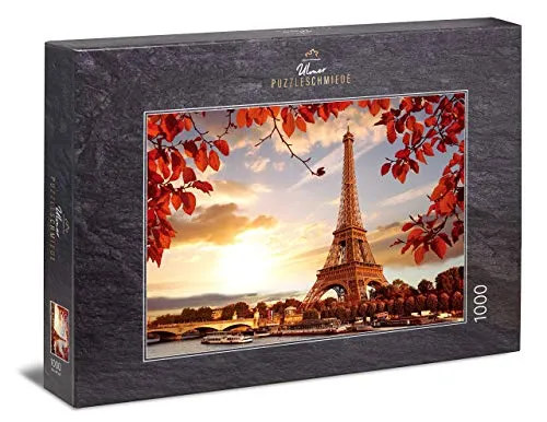 Ulmer Puzzleschmiede - Puzzle „Herbst in Paris“– Klassisches 1000 Teile Puzzle – Puzzlemotiv des Eiffelturm hinter der Seine und herbstlichen Blättern in Paris, Frankreich