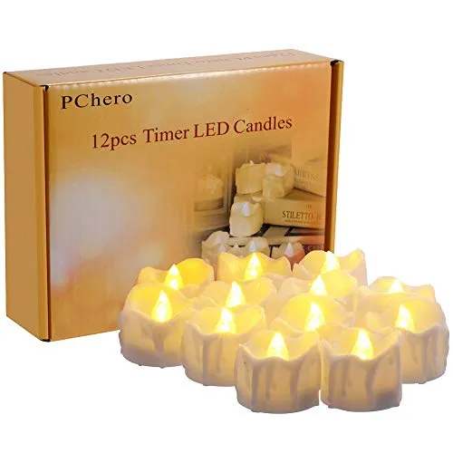 PChero LED Teelichter mit 6 Stunden Timer, 12er Set Elektrische Flammenlose LED Kerzen Flackernde Flamme mit Batterie und Timerfunktion für Halloween Party Zimmer Silvester Kürbis Deko Weihnachten