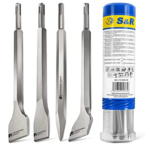 S&R Bohrhammer Meißel-Set SDS-plus, 4-teilig, robust und hitzegehärtet – 1x Flachmeißel, 2x Fliesemeißel, 1x Spitzmeißel für Beton, Mauerwerk, Ziegel und Asphalt – Werkzeug-Stahl