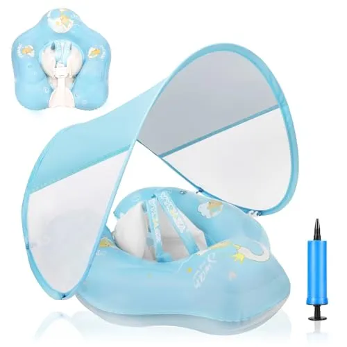 LOOWARTS Aufblasbarer Baby Schwimmring,Swimming Float mit Baldachin und Sicherheitssitz, Baby-Schwimmtrainer|Schwimmhilfe|Floating Ring, mit UPF50+ UV-Schutz. (Blau, Large (6-36 Monate))