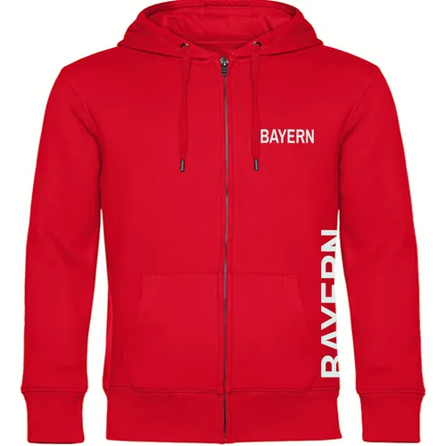 multifanshop Kapuzensweatjacke Bayern - Sportliche Kapuzensweatjacke in Rot - Zip Hoodies, ideal für Fans mit stylischem Print, aus 80% Baumwolle für hohen Tragekomfort und langarm für kühle Tage.