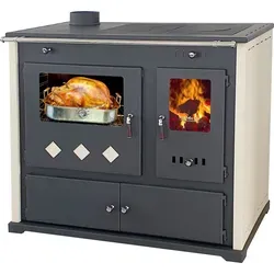 Kaminofen Pracktik Lux Beige mit Backfach und Herdplatte - Küchenofen für effizientes Heizen und Kochen, elegantes Design mit Backkammer für Pizza, Kuchen und mehr, energieeffizient mit 9,5 kW Leistung.