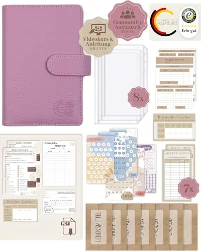 BeginnerBudget® Budget Planner Deutsch - Starterset mit Sparchallenge Budgetplaner - Sparen mit Umschlagmethode + Anleitung - Ringbuch A6 - Binder A6 Litchi-Style (Lila)