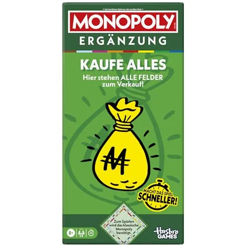 Monopoly Ergänzung Kaufe Alles - Frischer Spielspaß für das klassische Monopoly - Gesellschaftsspiel für schnellere Partien: Mit der Ergänzung „Kaufe alles“ können alle Felder, sogar das Gefängnis, in nur 40 Minuten gekauft werden!