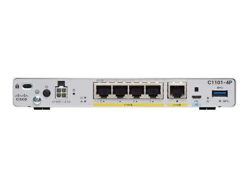 CISCO ISR 1100 C1101-4P Router mit 4-Port Gigabit Switch - Firmen-Router mit integriertem 4-Port Gigabit Switch, ideal für sichere Netzwerkanbindungen mit einem Verschlüsselungsdurchsatz von 350 Mbit/s.