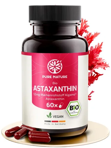 Pure Nature Astaxanthin hochdosiert mit Bio-Olivenöl - 12mg - 60 Kapseln - Hochdosiertes Astaxanthin in Kombination mit Bio-Olivenöl für optimale Bioverfügbarkeit. 100% natürliche Inhaltsstoffe, ohne unerwünschte Zusatzstoffe, hergestellt in Deutschland.
