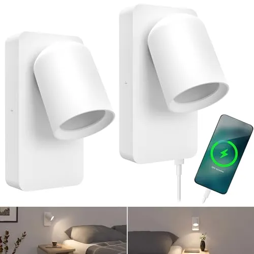 SSC-LUXon NERU Design Nachttischlampe 2er Set - Wand-Leselampen mit USB-Ladeanschluss und Schalter, ideal für modernes Schlafzimmer oder Flur, verstellbarer Strahler für individuelle Lichtgestaltung.
