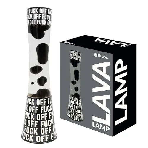 Fisura - Lavalampe "f*ck off". Schwarzer Sockel mit Schriftzug, transparente Flüssigkeit und schwarze Lava. Entspannender Effekt. Mit Ersatzglühbirne. 11 cm x 11 cm x 39,5 cm.