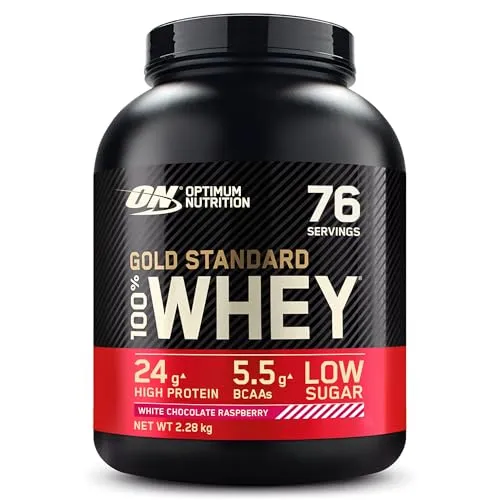 Optimum Nutrition Gold Standard 100% Whey Proteinpulver - White Chocolate Raspberry - Molkenprotein für Muskelaufbau und -regeneration, schnell aufgenommen, mit BCAAs und Glutamin, ideal für Fitness-Enthusiasten.