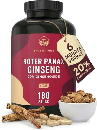 Roter Panax Ginseng Kapseln – 180 Stück (60 Tage Vorrat) - Nahrungsergänzungsmittel mit 20% Ginsenoside, ideal für innere Balance und Kraft – vegan, laktosefrei und ohne unerwünschte Zusatzstoffe.