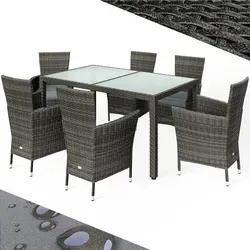 DeubaXXL DE Polyrattan Garten-Sitzgruppe 7-tlg Grau/Anthrazit - Gartenmöbel-Set für 6 Personen mit eleganter Milchglas-Tischplatte und pflegeleichten, waschbaren Sitzpolstern – ideal für entspannte Sommerabende im Freien.