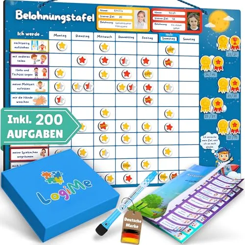 LogiMe® Belohnungstafel für Kinder - XL Magnetischer Aufgabenplaner - Motivierende Belohnungstafel für Kinder ab 3 Jahren mit 200 Aufgaben. Der Tracker hält kleine Abenteurer durch sichtbare Erfolge motiviert und ist ideal für den Alltag zu Hause oder in der Schule.