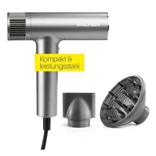 STYLE & SHINE by VITALmaxx Slim Hairdryer - Ionen Föhn mit BLDC-Motor - Haartrockner mit 1500W, 3 Temperaturstufen und 2 Geschwindigkeiten. Innovativer BLDC-Motor sorgt für schnelles Trocknen und weniger Hitzebelastung. Inklusive Diffusor und Konzentrator für individuelles Styling!
