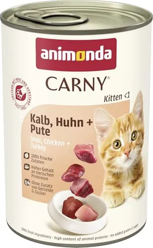 animonda Carny Katzen Nassfutter Kitten Huhn + Pute (12 x 400g) - Getreidefreies Nassfutter für Kätzchen bis 1 Jahr, mit frischen, hochwertigen Zutaten für eine gesunde und ausgewogene Ernährung.