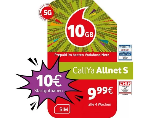 Vodafone Prepaid CallYa S, 15 GB statt 10 GB, 10 EUR Prepaidkarte