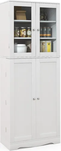 GOPLUS Küchenschrank mit Glastüren – Elegantes Küchenbuffet in Weiß - Praktischer Küchenschrank mit 2 Glastüren und 3 Einlegeböden für reichlich Stauraum. Robustes MDF-Material und Kippschutz sorgen für Sicherheit und Stabilität in Küche oder Wohnzimmer.