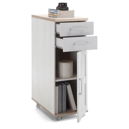 Bega Consult Rollcontainer Romance Sibiu Lärche San Remo - Stylischer Rollcontainer für Büro und Zuhause, mit praktischem Stauraum dank 1 Tür und 2 Schubkästen. Robuste Melaminbeschichtung in Sibiu Lärche und San Remo hell für ein modernes Design.