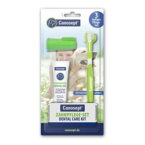 Canosept Zahnpflege Hund (3-teiliges Set) - Hundezahnbürste – Hundezahnpasta – Fingerlinge Hunde - Zahnbürste Hundepflege - Zahnstein Hunde Zahnpflege - Zur Zahnreinigung Hund bei Mundgeruch