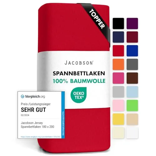 Jacobson Jersey Spannbettlaken Spannbetttuch Baumwolle Bettlaken (Topper 180-200x200 cm, Rot)