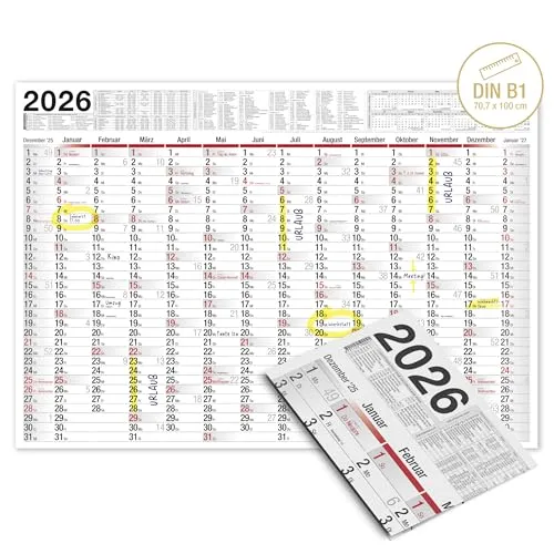 TOBJA Wandkalender 2026 groß mit Feiertagen und Ferien DE, AT | Jahresplaner 2026 Wandkalender 100x70 cm | XXL Wandkalender gefalzt | Hochwertiger Kalender [1 Stück gefalzt]