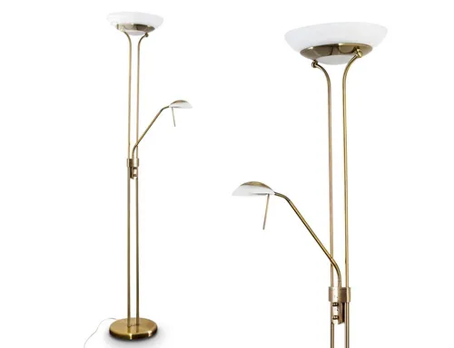hofstein Deckenfluter »Lainate« – Moderne Stehleuchte in Altmessing - Elegante 2-flammige Stehleuchte mit dimmbarem Lesearm und Fußschalter. Ideal für stimmungsvolle Beleuchtung im Innenbereich, Höhe 180 cm, Lichtfarbe 3000 Kelvin.