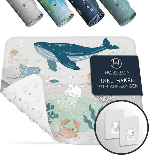 Homerella Duschmatte rutschfest Kinder - 100% BPA frei Inkl. 2 Haken zum Aufhängen 53x53cm, Antirutschmatte Dusche Baby hautintensiv & schimmelresistent, - Duscheinlage maschinenwaschbar