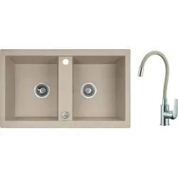 BADLAND Elza Set Granitspüle Doppelbecken Beige mit Armatur - Elegante Granitspüle mit doppeltem Becken; extrem widerstandsfähig und pflegeleicht. Inklusive flexibler Spültischarmatur für bequemes Abwaschen und platzsparendem Siphon – ideal für jede Küche.