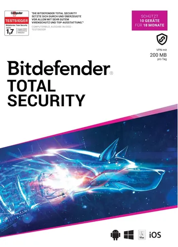 Bitdefender Total Security 2025 inkl. 200MB VPN / 10 Geräte / 1,5 Jahre / ESD