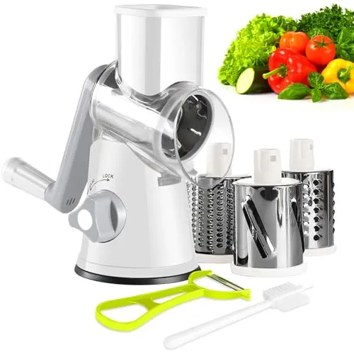 Wuciray Gemüseschneider Gemüsehobel Trommelreibe mit Kurbel 3 Trommelblättern Reibe für Gemüse Käse Ice Gurken Karotten Nüsse usw Gemüsereibe Vegetable Chopper Mandoline Turbo Cut Käsereibe (Weiß)