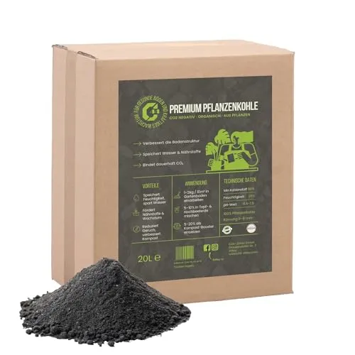 C44-20L Premium Pflanzenkohle - EBC-zertifiziertes Biochar für Garten, Rasen & Hochbeet - Basis für Terra Preta - Hochporöser Bodenverbesserer & Nährstoffspeicher