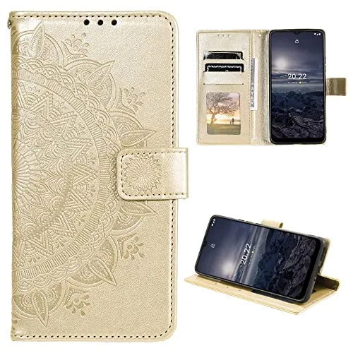 CoverKingz Handy Case kompatibel mit Nokia G21 / G11 - Handy Cover mit Kartenfach Phonecase - Smartphone Hülle klappbar Motiv Mandala Gold