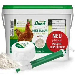 HÜHNER Land Kieselgur für Hühner 4,3kg mit Pulverzerstäuber - Natürliches Kieselgur-Pulver für Stall und Garten. Effektive Langzeitwirkung für ein besseres Stallklima. Inklusive praktischem Pulverzerstäuber für einfache Anwendung.